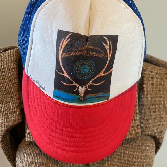 Red and Blue Trucker Hat with Antler Design - Picture 1 of 4